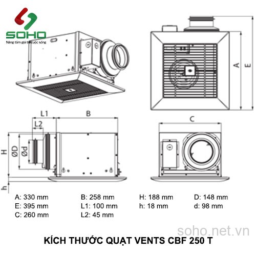 Quạt Thông Gió Âm Trần Vents CBF 250 T 3 Quạt Thông Gió Âm Trần Vents CBF 250 T - Ảnh 3