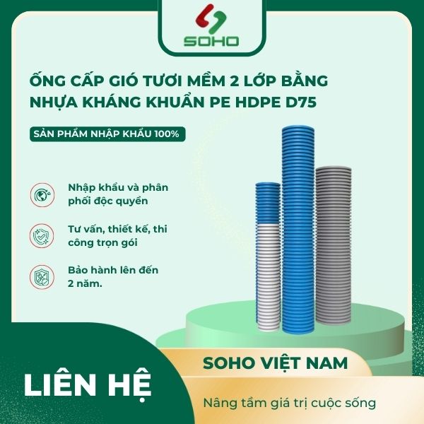 Ống cấp gió tươi mềm 2 lớp bằng nhựa kháng khuẩn PE HDPE D75