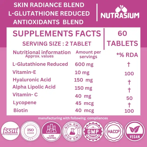 Nutrasium L-Glutathione 600 mg with Hyaluronic Acid & Biotin 60 Tablets