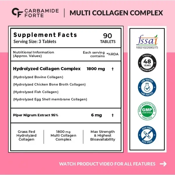 Carbamide Forte Hydrolyzed Multi Collagen Tablets, 5 Types I, II, III, V & X Collagen Powder - 90 Tablets Carbamide Forte Hydrolyzed Multi Collagen Tablets, 5 Types I, II, III, V & X Collagen Powder - 90 Tablets