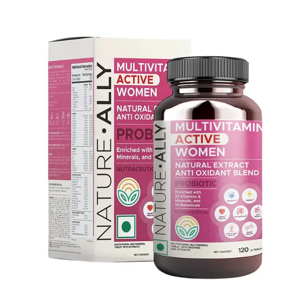 Nature Ally Multivitamin Active Women (120 tabs) : 100% RDA 21 vitamin &  minerals & 13 botanicals. PROBIOTIC, BIOTIN, IRON & SUPER ANTIOXIDANT Blend  for Immunity, Energy, Bone, Skin, Hair Health, Heart Health & Metabolism -  Herbkart
