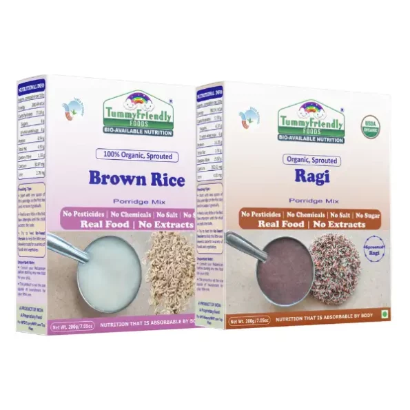 Stage1 Porridge Mixes, Organic Baby Food for 6 Months Old Baby, Ragi, Brown Rice - 2 Packs, 200g Each Cereal