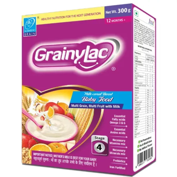 GrainyLac, 12+ Months, Stage 4, Multi Grain Multi Fruit with Milk, Baby Cereal Food 300g