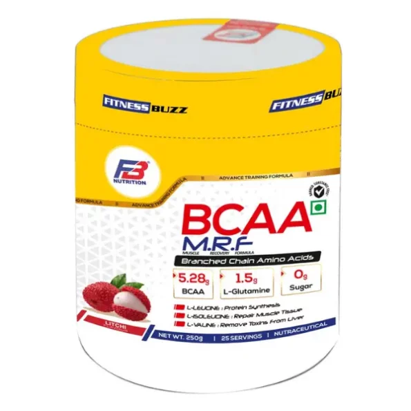 FB Nutrition Fitness Buzz BCAA MRF, Muscle, Recovery, Formula, Branched Chain Amino Acides, BCAA (5.28 g),L-Glutamine (1.5 g),Sugar (0 g), 250 gm Litchi, FBNutrition004-1.webp, FBNutrition004 1