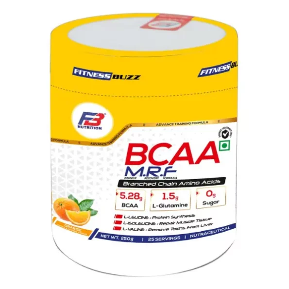 FB Nutrition Fitness Buzz BCAA MRF, Muscle, Recovery, Formula, Branched Chain Amino Acides, BCAA (5.28 g),L-Glutamine (1.5 g),Sugar (0 g), 250 gm Orange, FBNutrition002-1.webp, FBNutrition002 1