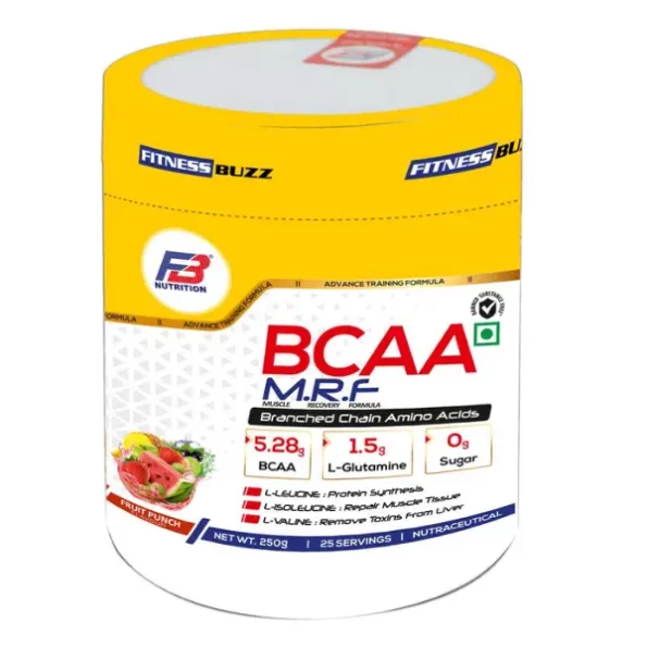 FB Nutrition Fitness Buzz BCAA MRF, Muscle, Recovery, Formula, Branched Chain Amino Acides, BCAA (5.28 g),L-Glutamine (1.5 g),Sugar (0 g), 250 gm Fruit Punch, FBNutrition001-1.webp, FBNutrition001 1