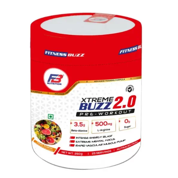 FB Nutrition Fitness Buzz Xtreme Buzz 2.0 Pre-Workout Beta-Alanine-3.5 g L-Arginine-500 Mg Sugar-0 g 25 Serving 250 gm Fruit Punch, FBNutrition035-1.webp, FBNutrition035 1