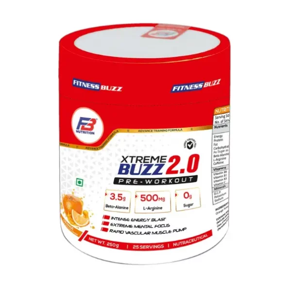 FB Nutrition Fitness Buzz Xtreme Buzz 2.0 Pre-Workout Beta-Alanine-3.5 g L-Arginine-500 Mg Sugar-0 g 25 Serving 250 gm Orange, FBNutrition034-1.webp, FBNutrition034 1