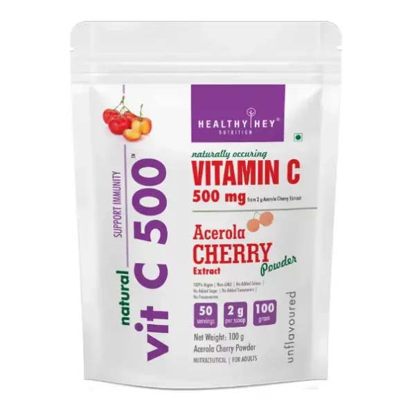 HealthyHey Natural Vit C 500, Natural Vitamin C 500mg, 100gm Powder, Unflavoured available on Herbkart