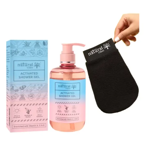 Natural Vibes Deep Cleanse & Exfoliating Routine - Shower Gel Body Wash & Scrubbing Glove 300 ml, NV_showergel_glove_combo-1.webp, NV showergel glove combo 1