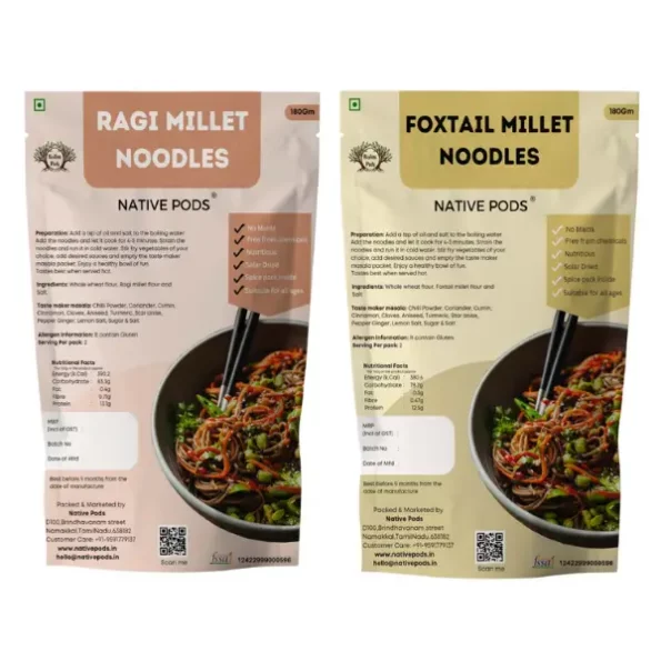Ragi & Foxtail Millet Noodles No Maida,No Preservative, Includes Masala, 180g, Pack of 2