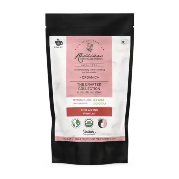 Radhikas Fine Teas and Whatnots Anti-Ageing Green Leaf, Certified Organic, Cold & Hot Brew, (50 Gm) Makes 25 Cups, RAF-01-003-1.webp, RAF 01 003 1