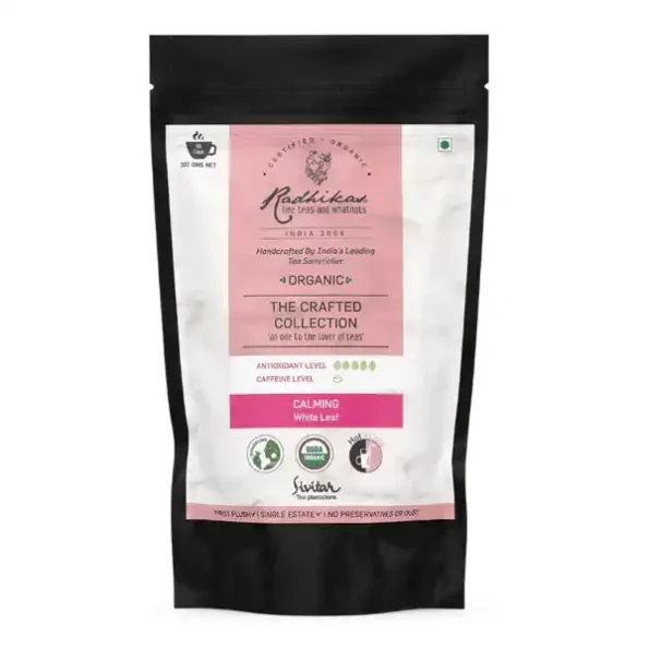 Radhikas Fine Teas and Whatnots Calming White Leaf, Certified Organic, Cold & Hot Brew, (50 Gm) Makes 25 Cups, RAF-01-001-1.webp, RAF 01 001 1