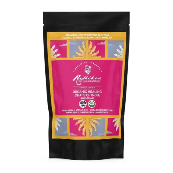 Radhikas Fine Teas and Whatnots Healing Chai'S Of India (Sampler Pack), Certified Organic, Assam Ctc Chai, Cold & Hot Brew, 5 Flavour Pack, (12 Gm) Makes 10 Cups, RAF-01-029-1.webp, RAF 01 029 1