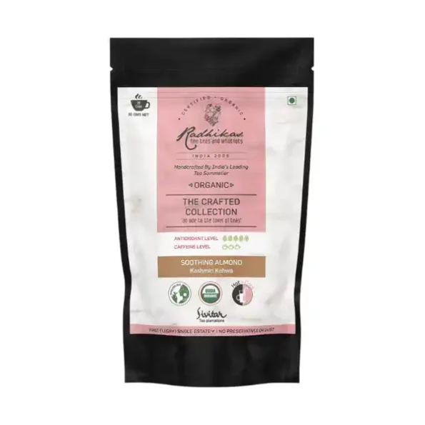 Radhikas Fine Teas and Whatnots Soothing Almond Kashmiri Kahwa, Certified Organic, Cold & Hot Brew, (50 Gm) Makes 25 Cups, RAF-01-005-1.webp, RAF 01 005 1