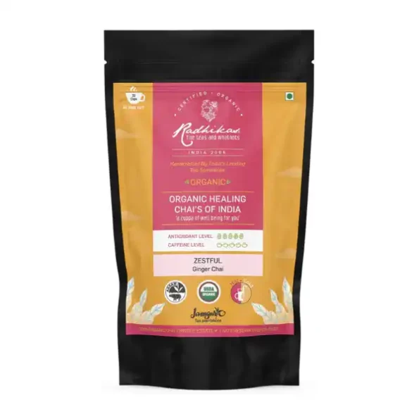 Radhikas Fine Teas and Whatnots Zestful Ginger Chai, Certified Organic, Assam Ctc Chai, Cold & Hot Brew, (100 Gm) Makes 40 Cups, RAF-01-022-1.webp, RAF 01 022 1