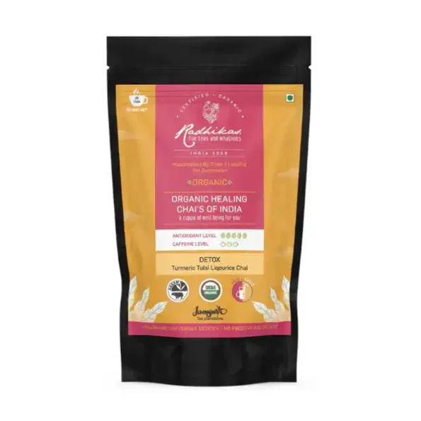 Radhikas Fine Teas and Whatnots Detox Turmeric Tulsi Liqourice Chai, Certified Organic, Assam Ctc Chai, Cold & Hot Brew, (100 Gm) Makes 40 Cups, RAF-01-023-1.webp, RAF 01 023 1