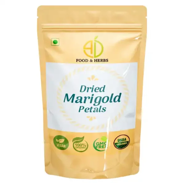 A D Food & Herbs Dried Marigold / Genda Flower Petals 100 Gms Pack, ADFoodHerbsMRGDDY-100G-1.webp, ADFoodHerbsMRGDDY 100G 1