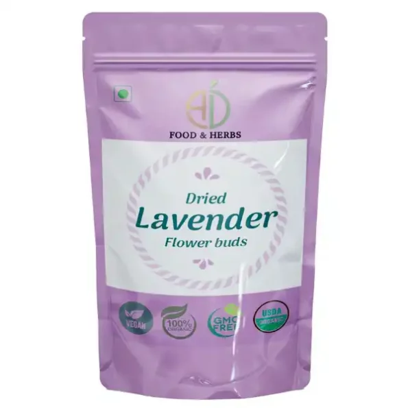 A D Food & Herbs Dried Lavender Flower Buds 100 Gms Pack, ADFoodHerbsLVNDRDY-100G-1.webp, ADFoodHerbsLVNDRDY 100G 1