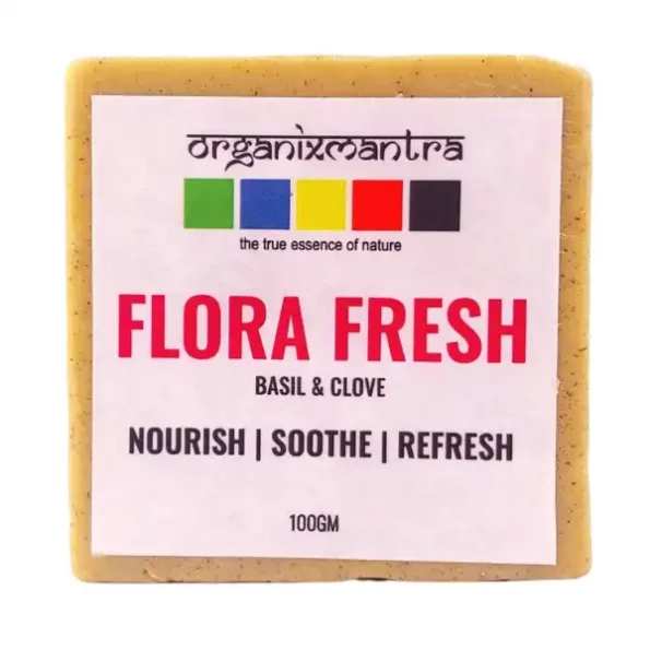 Organix Mantra Flora Fresh Natural Bath Soap Infused With Basil & Clove, Hydrating Coconut, Nourishing Almond & Jojoba Oils - 100g, OM-FLORA-FRESH-BATH-SOAP-100GM-1.webp, OM FLORA FRESH BATH SOAP 100GM 1