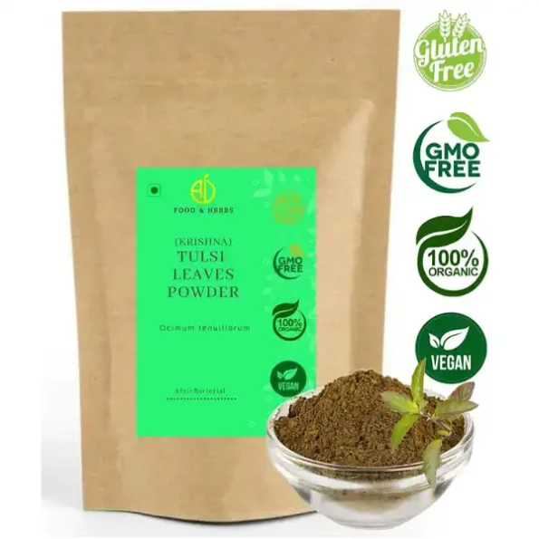 A D Food & Herbs Krishna Or Shyam Tulsi Leaves Powder / Ocimum Tenuiflorum / Holi Basil Leaves Powder 50 Gms Pack available on Herbkart