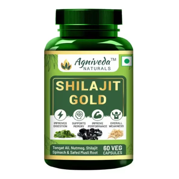 Agniveda Naturals Shilajit Gold with Ashwagandha, Safed musli, Kaunch beej, Gokharu &, +9 more Ayurvedic herbs - 60 Veg Capsules available on Herbkart