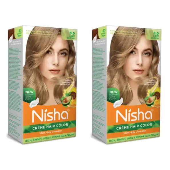 Nisha Creme Hair Color 8.0 Light Blonde 120g Pack of 2, Permanent Hair Colour for Long Lasting Hair, 100% Grey Coverage, 9349-NI-CHCB-150GM-LBLO-BOX-PK2-1.webp, 9349 NI CHCB 150GM LBLO BOX PK2 1