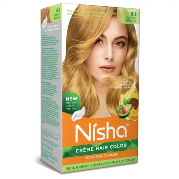 Nisha Creme Hair Color 8.1 Golden Blonde 120g, Permanent Hair Colour with Henna Extract, 100% Grey Coverage, 9342-NI-CHCB-150GM-GBLO-BOX-PK1-1.webp, 9342 NI CHCB 150GM GBLO BOX PK1 1