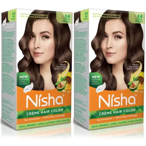 Nisha Creme Hair Color 3.0 Dark Brown 120g Pack of 2, Permanent Hair Colour for Women Men, No Ammonia 100% Grey Coverage, 9333-NI-CHCB-120GM-DBRN-BOX-PK2-1.webp, 9333 NI CHCB 120GM DBRN BOX PK2 1