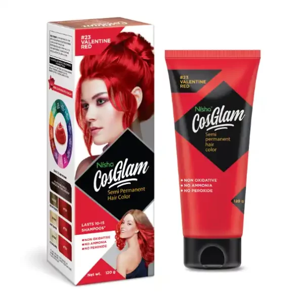 Nisha Cosglam Semi Permanent Hair Color, PPD & Ammonia Free Hair Colour for Women & Men #23 Valentine Red - 120gm, 9103-NI-COSG-120GM-VRED-TUBE-PK1-1.webp, 9103 NI COSG 120GM VRED TUBE PK1 1