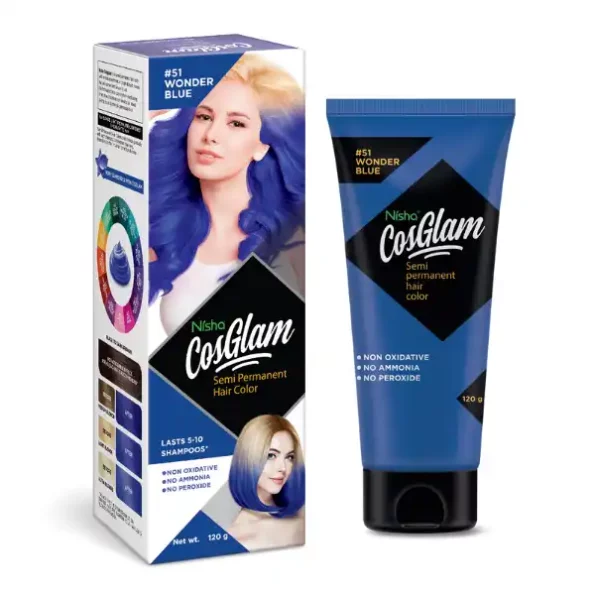 Nisha Cosglam Semi Permanent Hair Color, PPD & Ammonia Free Hair Colour for Women & Men #51 Wonder Blue - 120gm, 9105-NI-COSG-120GM-WBLU-TUBE-PK1-1.webp, 9105 NI COSG 120GM WBLU TUBE PK1 1