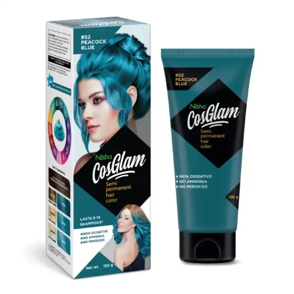 Nisha Cosglam Semi Permanent Hair Color, PPD & Ammonia Free Hair Colour for Women & Men #52 Peacock Blue - 120gm, 9106-NI-COSG-120GM-PBLU-TUBE-PK1-1.webp, 9106 NI COSG 120GM PBLU TUBE PK1 1