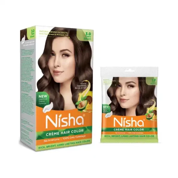 Nisha Creme Hair Color Combo Pack 3.0 Dark Brown (120gm Box + 40gm Pouch), Ammonia Free Permanent Hair Colour, 9333-1233-NI-CHCBP-160GM-DBRN-BOX-POUCH-PK2-1.webp, 9333 1233 NI CHCBP 160GM DBRN BOX POUCH PK2 1