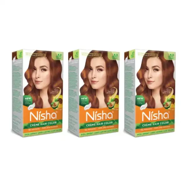 Nisha Creme Hair Color 4.3 Golden Brown 120g Pack of 3, Permanent Hair Colour, No Ammonia, 100% Grey Coverage, 9337-NI-CHCB-120GM-GBRN-BOX-PK3-1.webp, 9337 NI CHCB 120GM GBRN BOX PK3 1