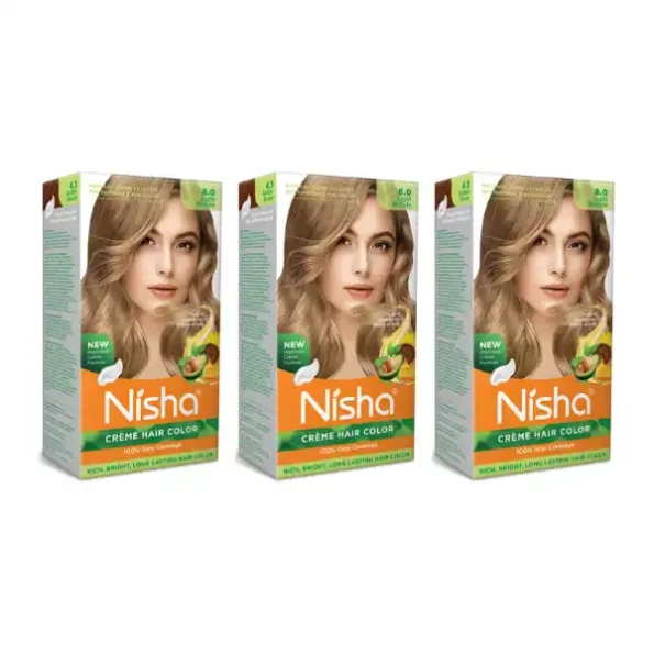 Nisha Creme Hair Color 8.0 Light Blonde 120g Pack of 3, Permanent Hair Colour for Long Lasting Hair, 100% Grey Coverage, 9349-NI-CHCB-150GM-LBLO-BOX-PK3-1.webp, 9349 NI CHCB 150GM LBLO BOX PK3 1