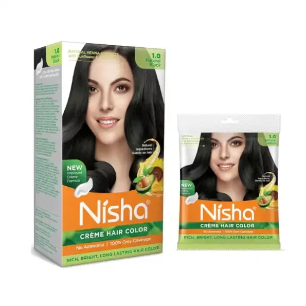 Nisha Creme Hair Color Combo Pack 1.0 Natural Black (120gm Box + 40gm Pouch), Ammonia Free Permanent Hair Colour, 9331-1231-NI-CHCBP-160GM-BLK-BOX-POUCH-PK2-1.webp, 9331 1231 NI CHCBP 160GM BLK BOX POUCH PK2 1