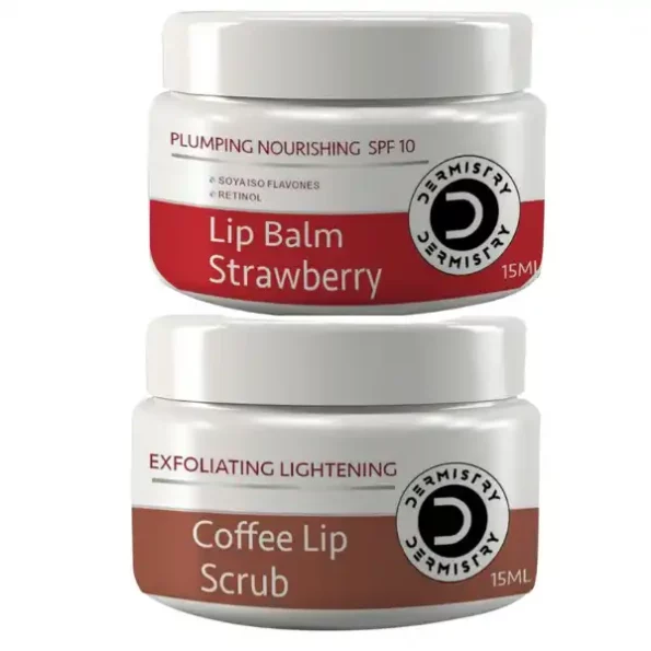 Dermistry Strawberry Lip Care Tint Balm Plumping Nourishing Retinol SPF 10 for Glossy Lips + Exfoliating Lightening Coffee & Sugar Lip Scrub for Dark Dry Chapped Lips & Pigmentation available on Herbkart