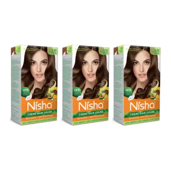 Nisha Creme Hair Color 7.53 Chocolate Blonde 120g Pack of 3, Permanent Hair Colour for Rich, Bright & Long Lasting Hair, 9348-NI-CHCB-150GM-CBLO-BOX-PK3-1.webp, 9348 NI CHCB 150GM CBLO BOX PK3 1