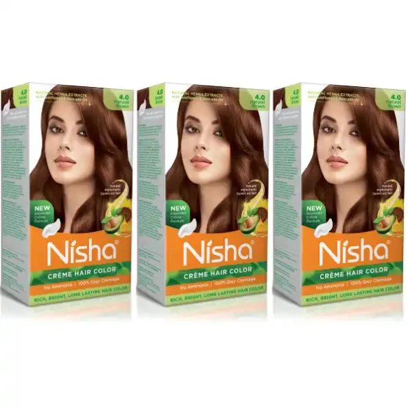 Nisha Creme Hair Color 4.0 Natural Brown 120g Pack of 3, Permanent Hair Colour, No Ammonia, 100% Grey Coverage, 9336-NI-CHCB-120GM-NBRN-BOX-PK3-1.webp, 9336 NI CHCB 120GM NBRN BOX PK3 1