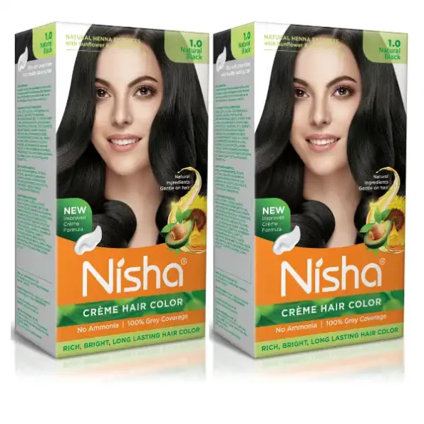 Nisha Creme Hair Color 1.0 Natural Black 120g Pack of 2, Permanent Hair Colour, No Ammonia, 100% Grey Coverage, 9331-NI-CHCB-120GM-BLK-BOX-PK2-1.webp, 9331 NI CHCB 120GM BLK BOX PK2 1