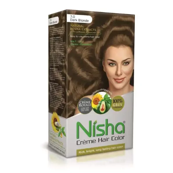 Nisha Creme Hair Color 7.0 Dark Blonde 120g, Permanent Hair Colour with Henna Extract, 100% Grey Coverage, 9347-NI-CHCB-150GM-DBLO-BOX-PK1-1.webp, 9347 NI CHCB 150GM DBLO BOX PK1 1