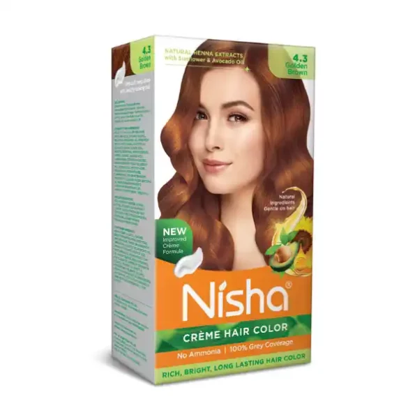 Nisha Creme Hair Color 4.3 Golden Brown 120g, Permanent Hair Color for Women Men, Ammonia Free Hair Colour, 9337-NI-CHCB-120GM-GBRN-BOX-PK1-1.webp, 9337 NI CHCB 120GM GBRN BOX PK1 1