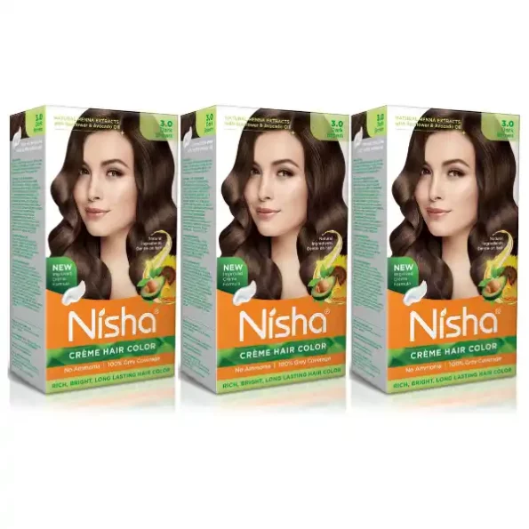 Nisha Creme Hair Color 3.0 Dark Brown 120g Pack of 3, Permanent Hair Colour for Women Men, No Ammonia 100% Grey Coverage, 9333-NI-CHCB-120GM-DBRN-BOX-PK3-1.webp, 9333 NI CHCB 120GM DBRN BOX PK3 1