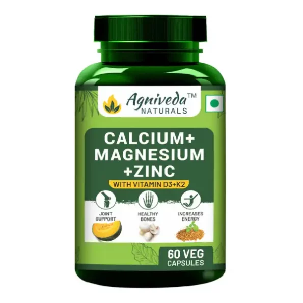 Agniveda Naturals Plant-Based Calcium Magnesium Zinc Vitamin D3 & K2MK7, Supplement Joint & Immunity Support - 60 Vegetarian Capsules available on Herbkart