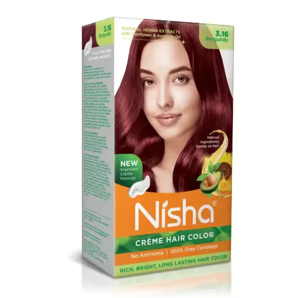 Nisha Creme Hair Color 3.16 Burgundy 120g, Permanent Hair Color, Ammonia Free Hair Colour, 100% Grey Coverage, 9314-NI-CHCB-120GM-BRG-BOX-PK1-1.webp, 9314 NI CHCB 120GM BRG BOX PK1 1