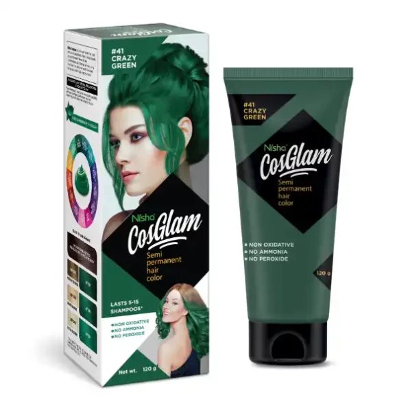 Nisha Cosglam Semi Permanent Hair Color, PPD & Ammonia Free Hair Colour for Women & Men #41 Crazy Green - 120gm, 9110-NI-COSG-120GM-CGRN-TUBE-PK1-1.webp, 9110 NI COSG 120GM CGRN TUBE PK1 1