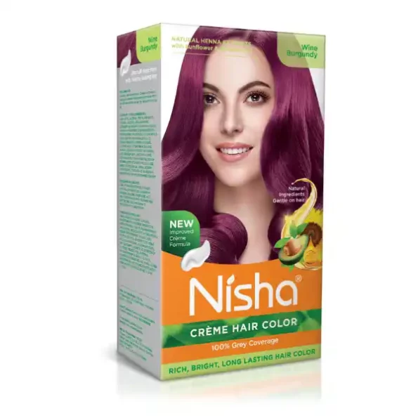 Nisha Creme Hair Color Wine Burgundy 120g, Permanent Hair Colour with Henna Extracts, 100% Grey Coverage, 9321-NI-CHCB-150GM-WBRG-BOX-PK1-1.webp, 9321 NI CHCB 150GM WBRG BOX PK1 1