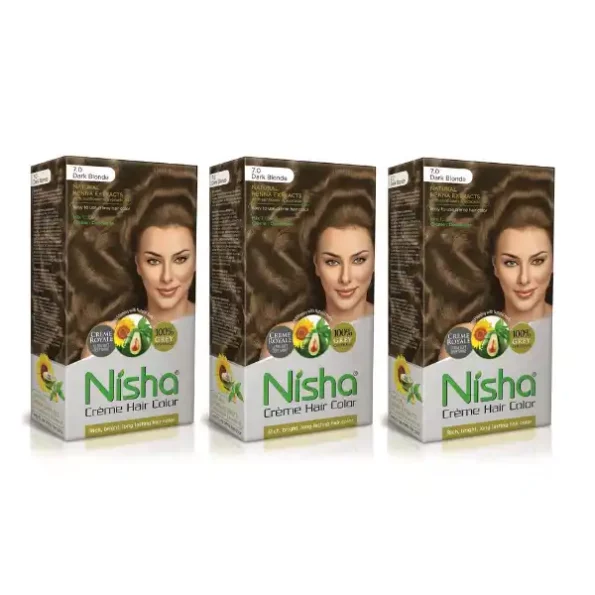 Nisha Creme Hair Color 7.0 Dark Blonde 120g Pack of 3, Permanent Hair Colour for Long Lasting Hair, 100% Grey Coverage, 9347-NI-CHCB-150GM-DBLO-BOX-PK3-1.webp, 9347 NI CHCB 150GM DBLO BOX PK3 1