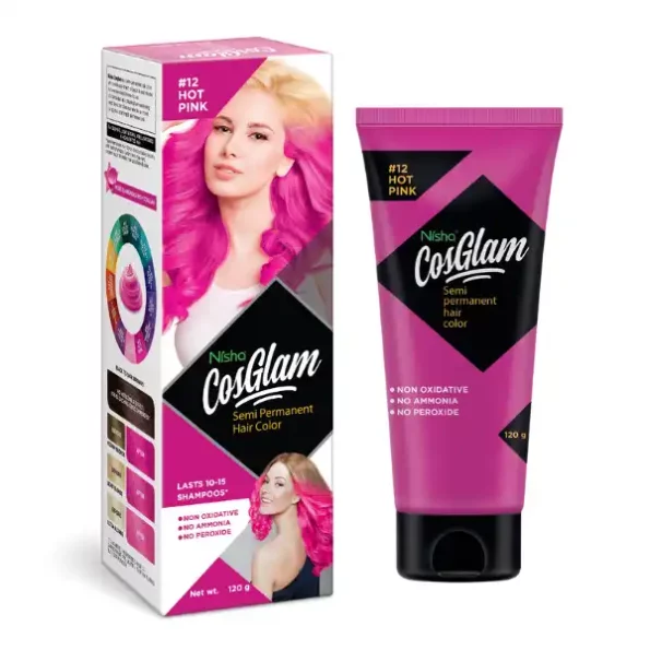 Nisha Cosglam Semi Permanent Hair Color, PPD & Ammonia Free Hair Colour for Women & Men #12 Hot Pink - 120gm, 9102-NI-COSG-120GM-HPNK-TUBE-PK1-1.webp, 9102 NI COSG 120GM HPNK TUBE PK1 1