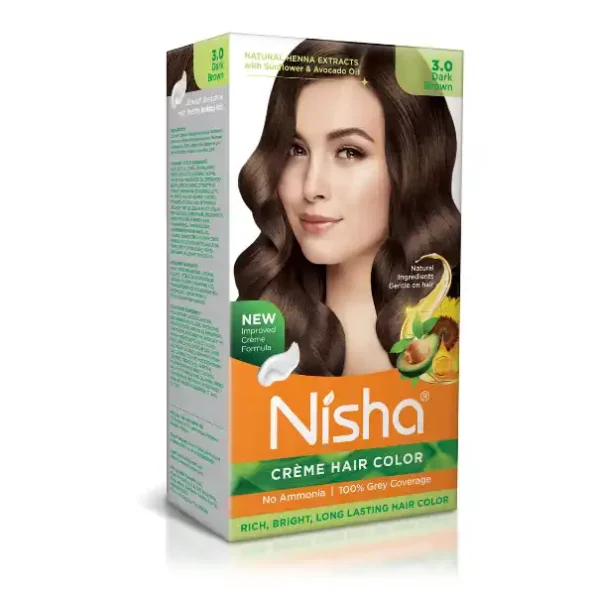 Nisha Creme Hair Color 3.0 Dark Brown 120g, Permanent Hair Color for Women & Men, Ammonia Free Hair Colour, 9333-NI-CHCB-120GM-DBRN-BOX-PK1-1.webp, 9333 NI CHCB 120GM DBRN BOX PK1 1